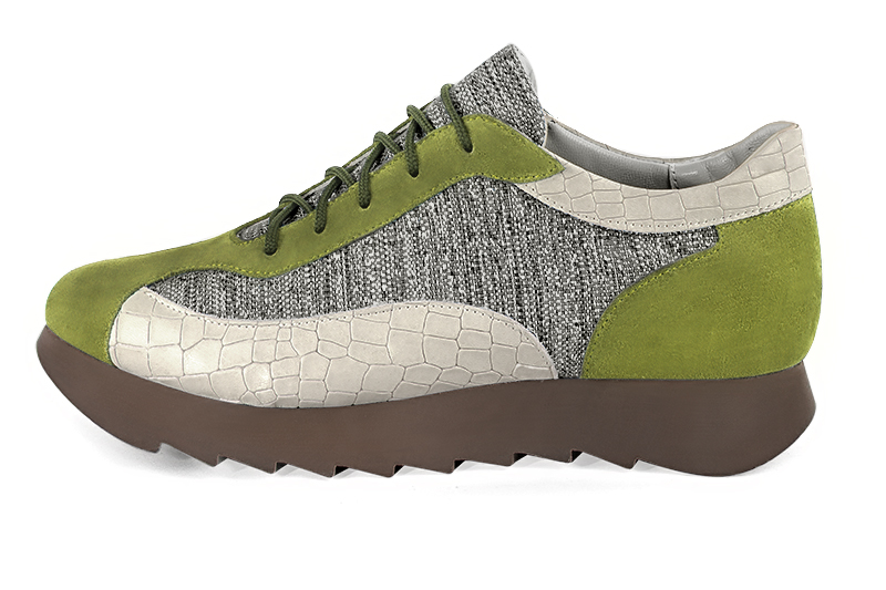 Pistachio green, ash grey and off white women's three-tone elegant sneakers. Round toe. Low rubber soles. Profile view - Florence KOOIJMAN